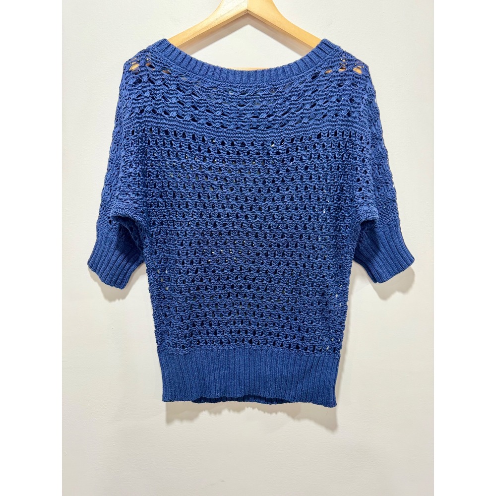White House Black Market Royal Blue Open Knit Crochet Sweater Short Sleeve Med - Picture 2 of 4